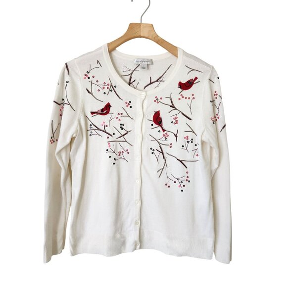 Christopher & Banks Sweaters - Embroidered Cardinal Sequins Cardigan Sweater Cream Red Grandma Winter Holiday